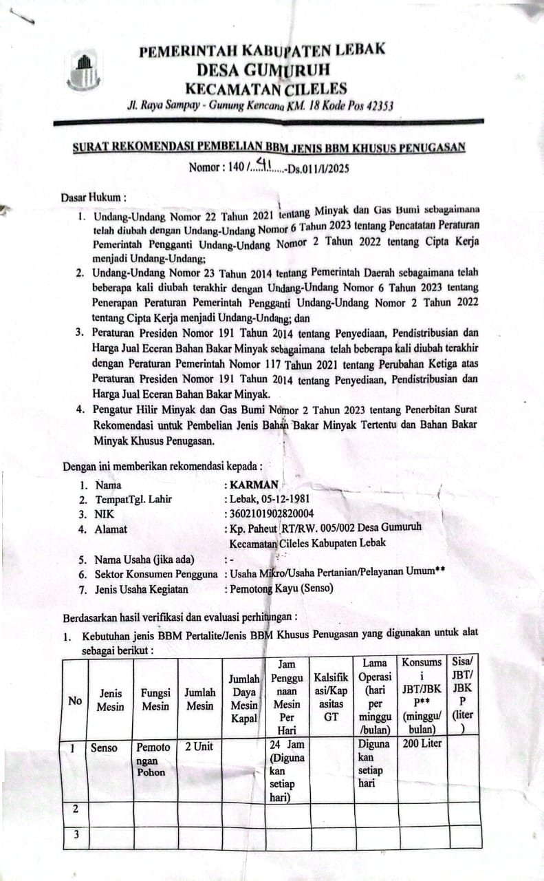 surat rekomendasi Pembelian BBM Bersubsidi